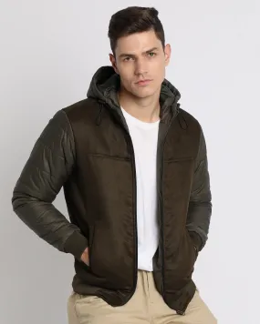 Men's Hooded Regular Fit Suede Solid Olive Jackets