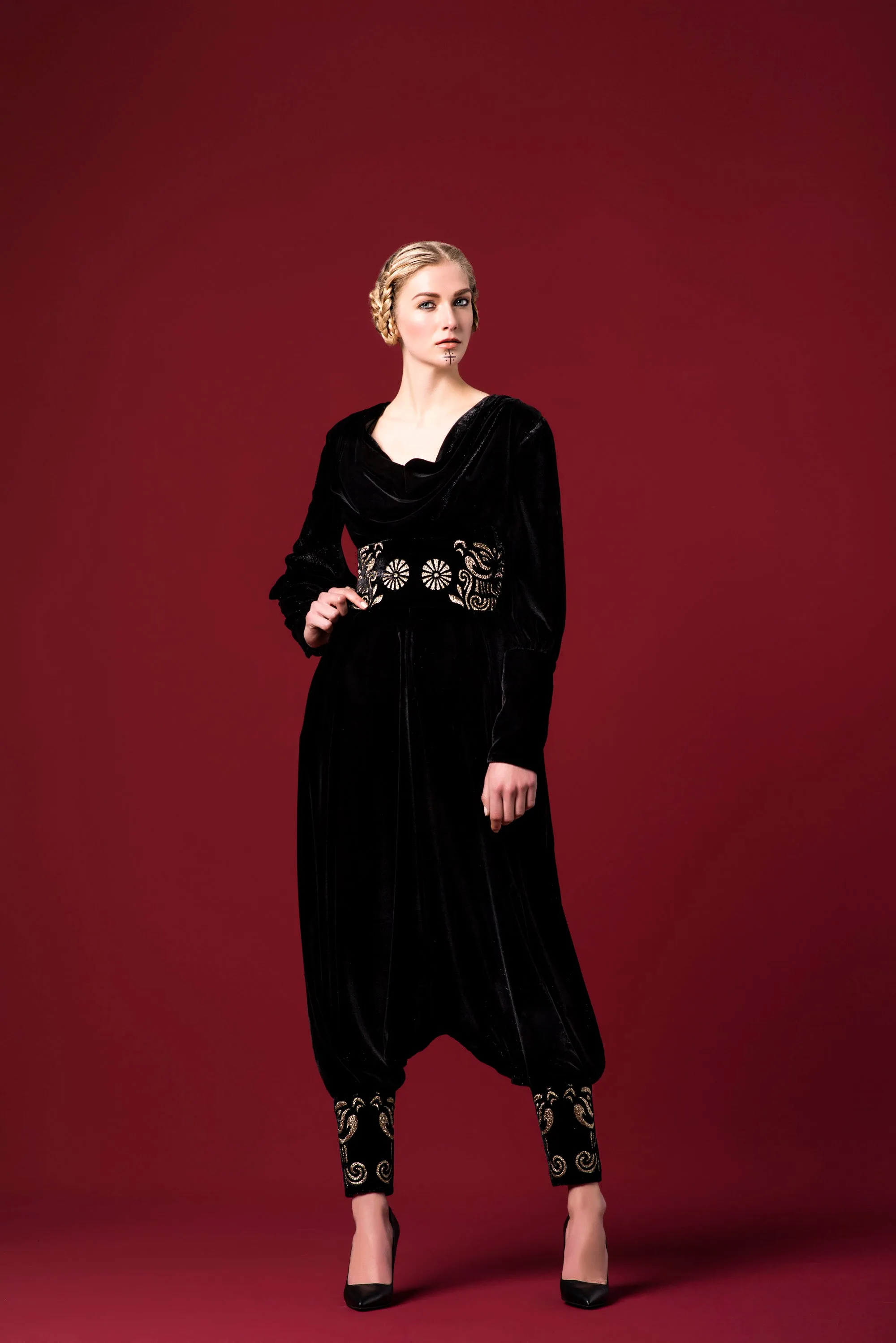 Metallic Lazer-Cut Detailed Velvet Jumpsuit