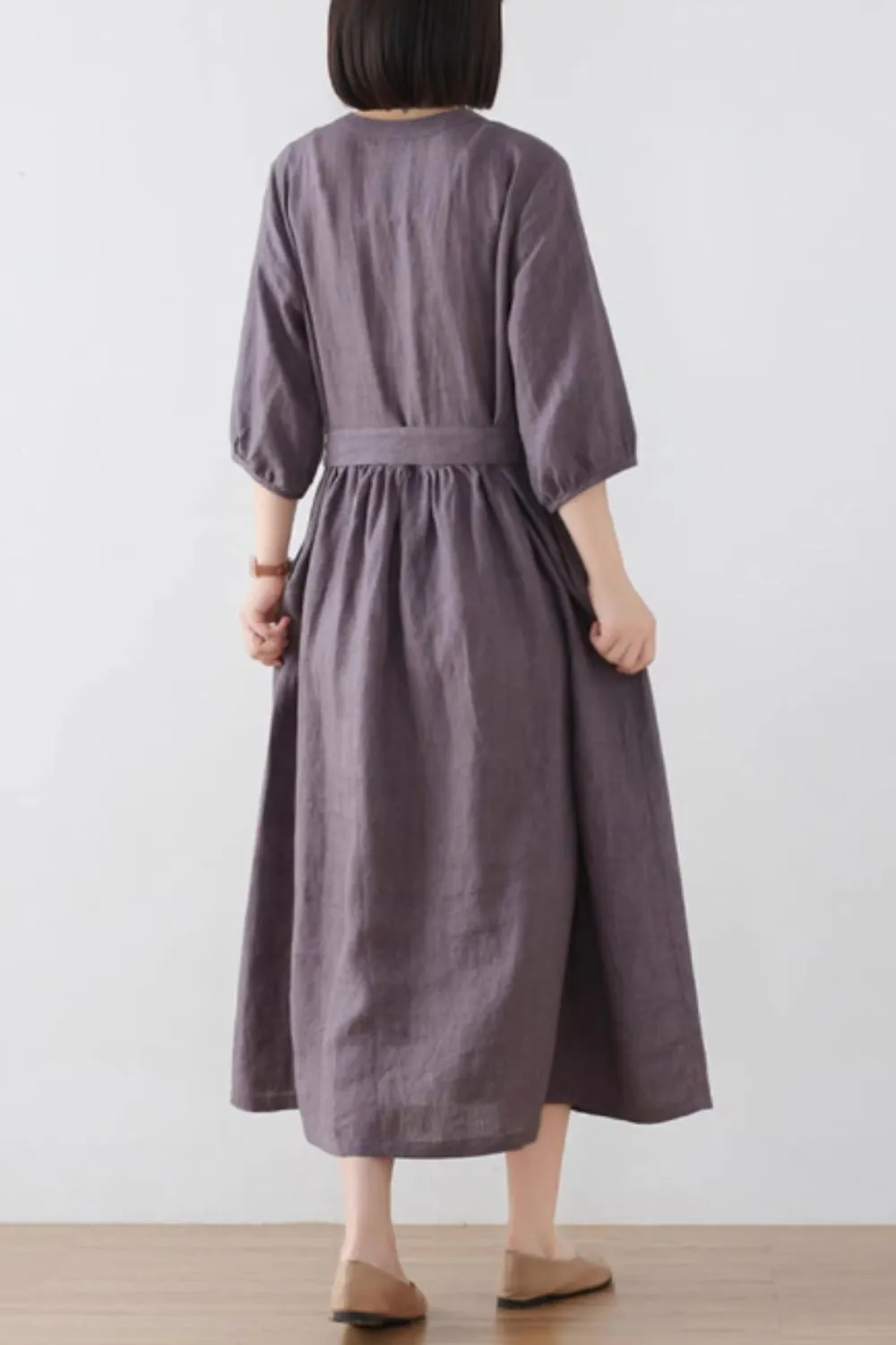 Midi button front summer linen dress women 4832