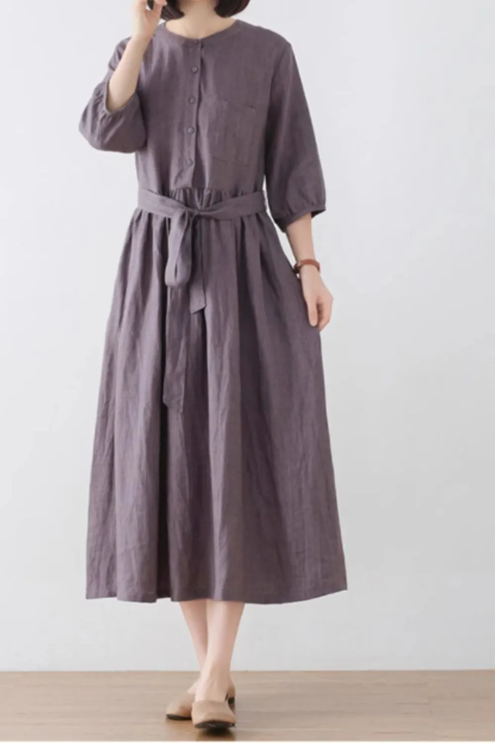 Midi button front summer linen dress women 4832