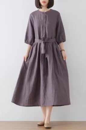 Midi button front summer linen dress women 4832