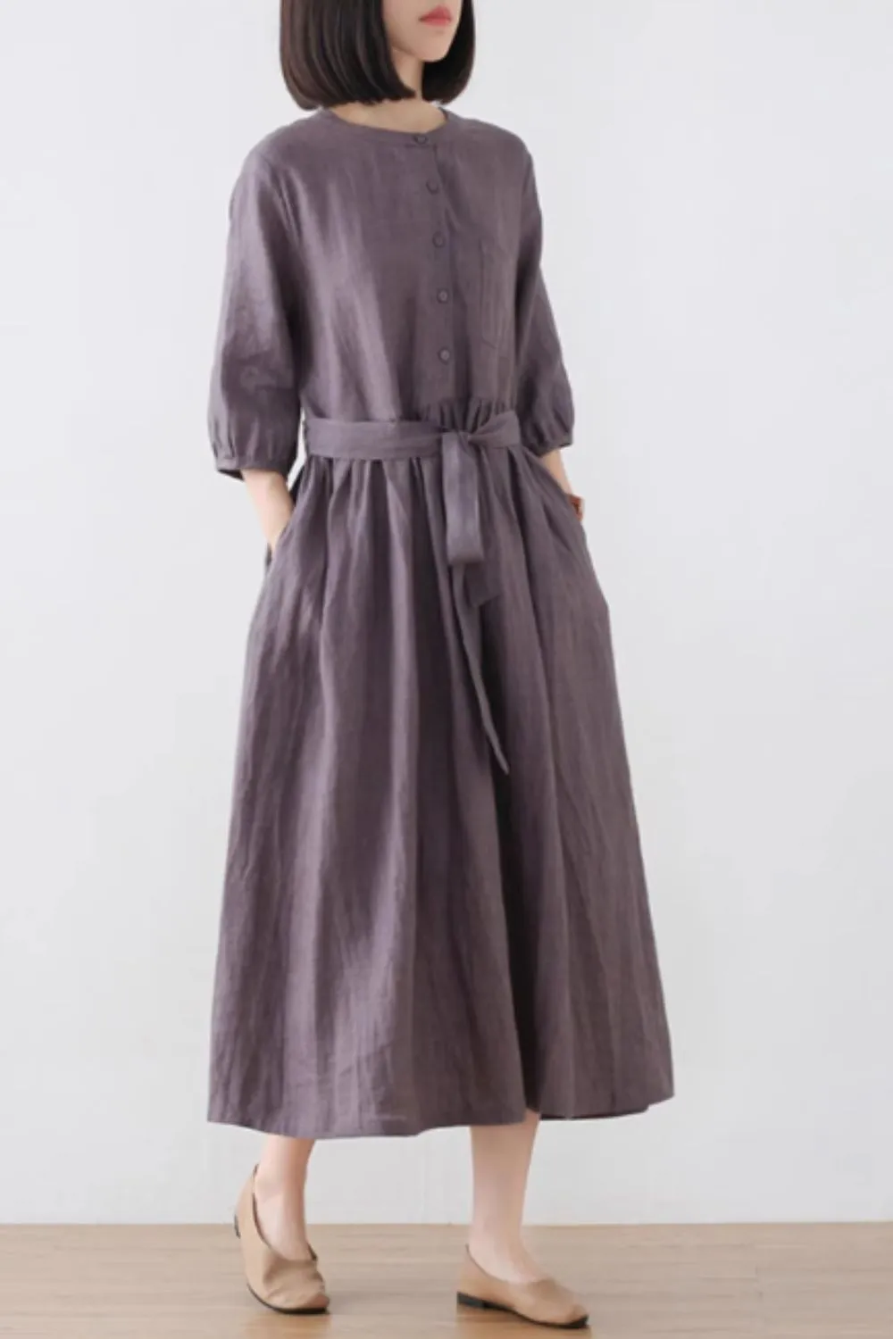 Midi button front summer linen dress women 4832