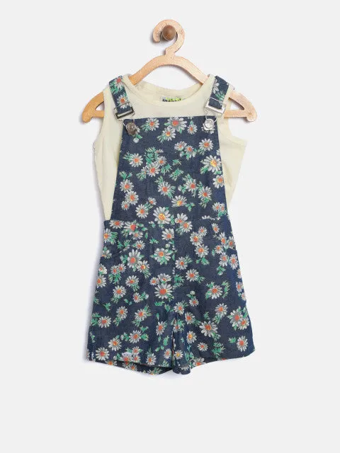 Nauti Nati Girls Navy Floral Print Dungarees with T-shirt