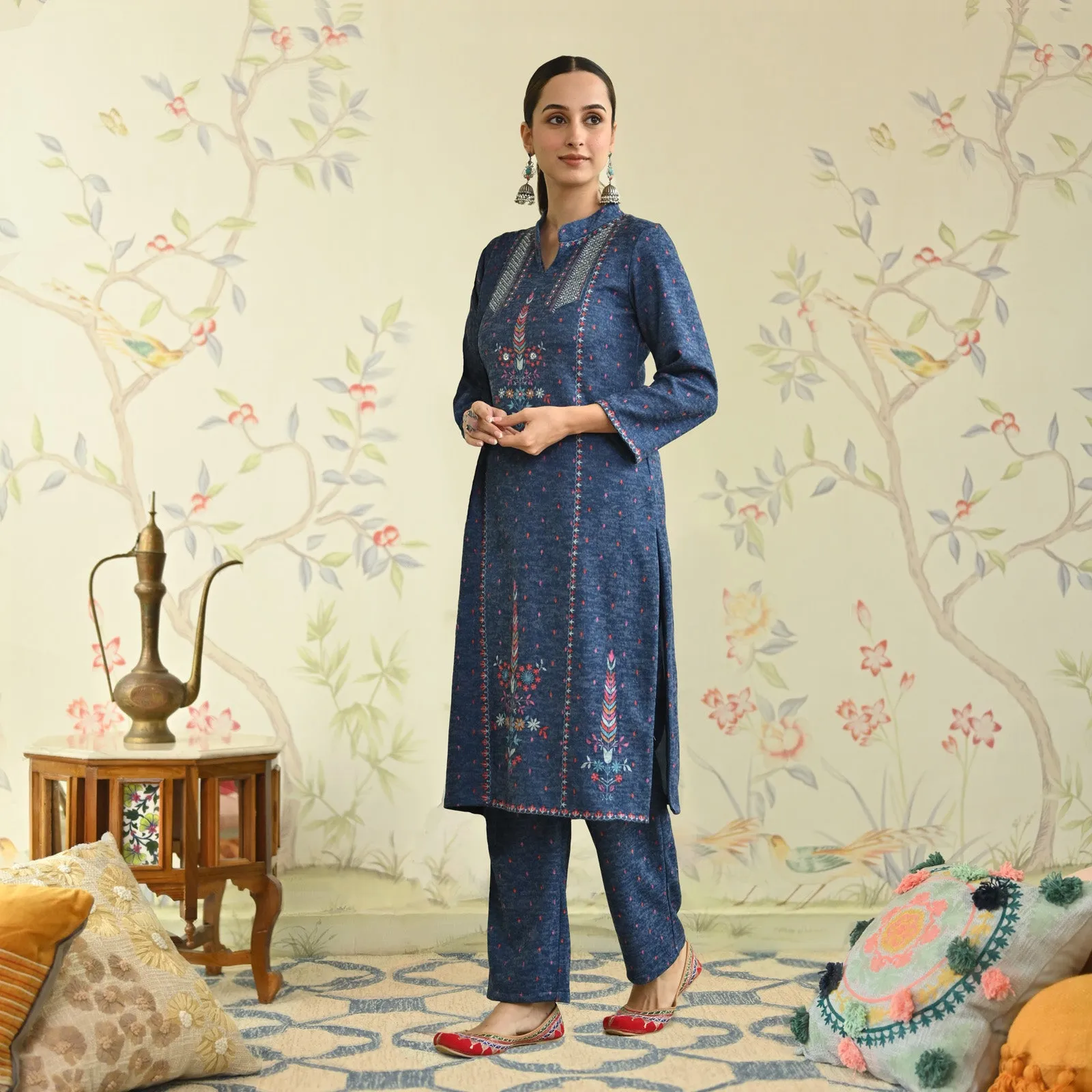 Navy Blue Embroidered Woollen Kurta