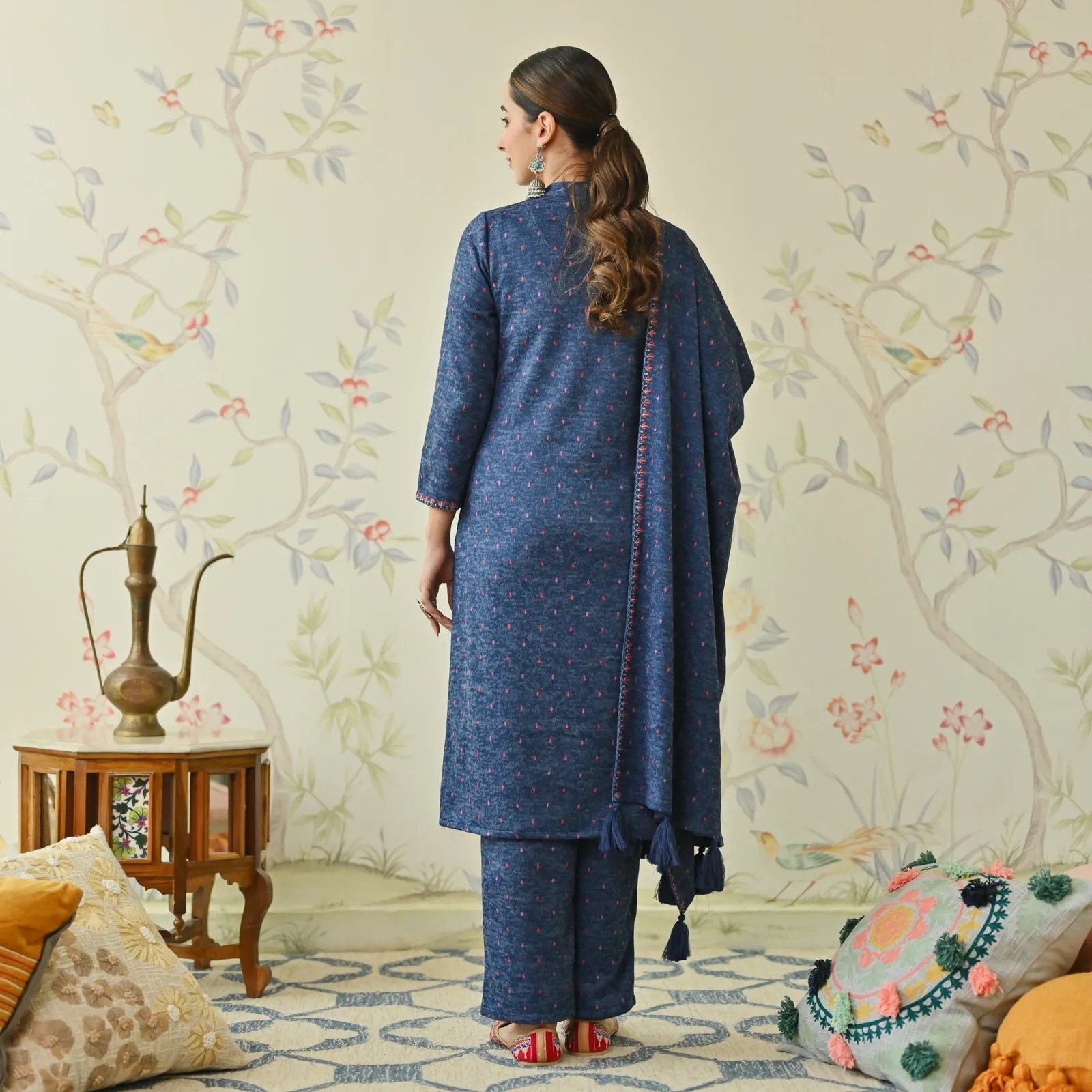 Navy Blue Embroidered Woollen Kurta