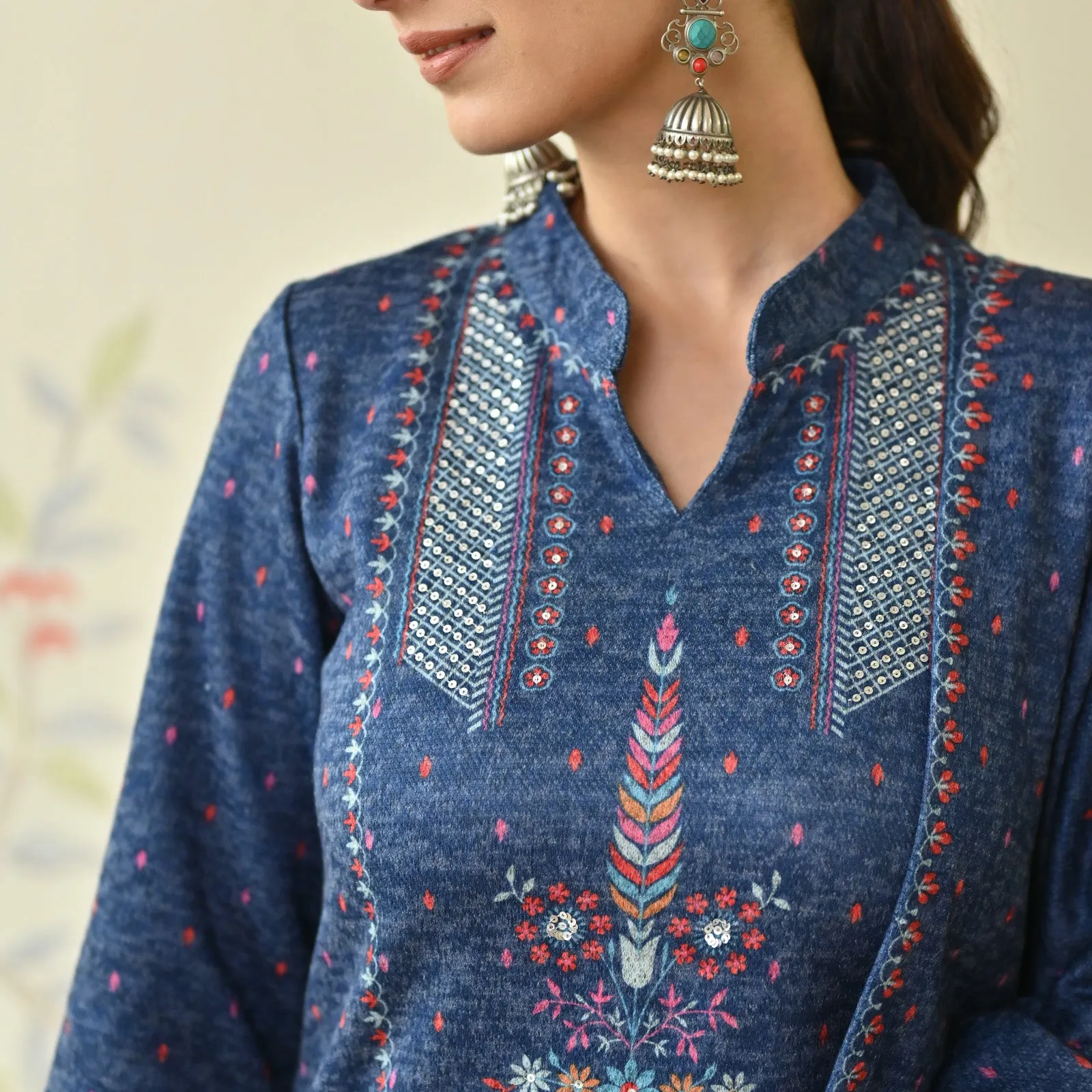 Navy Blue Embroidered Woollen Kurta