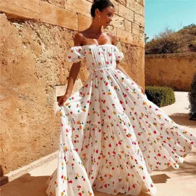 Off Shoulder Flower Print Maxi Dress