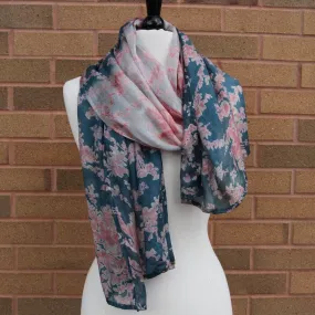 Ombre Dark Blue with Roses Silk Scarf