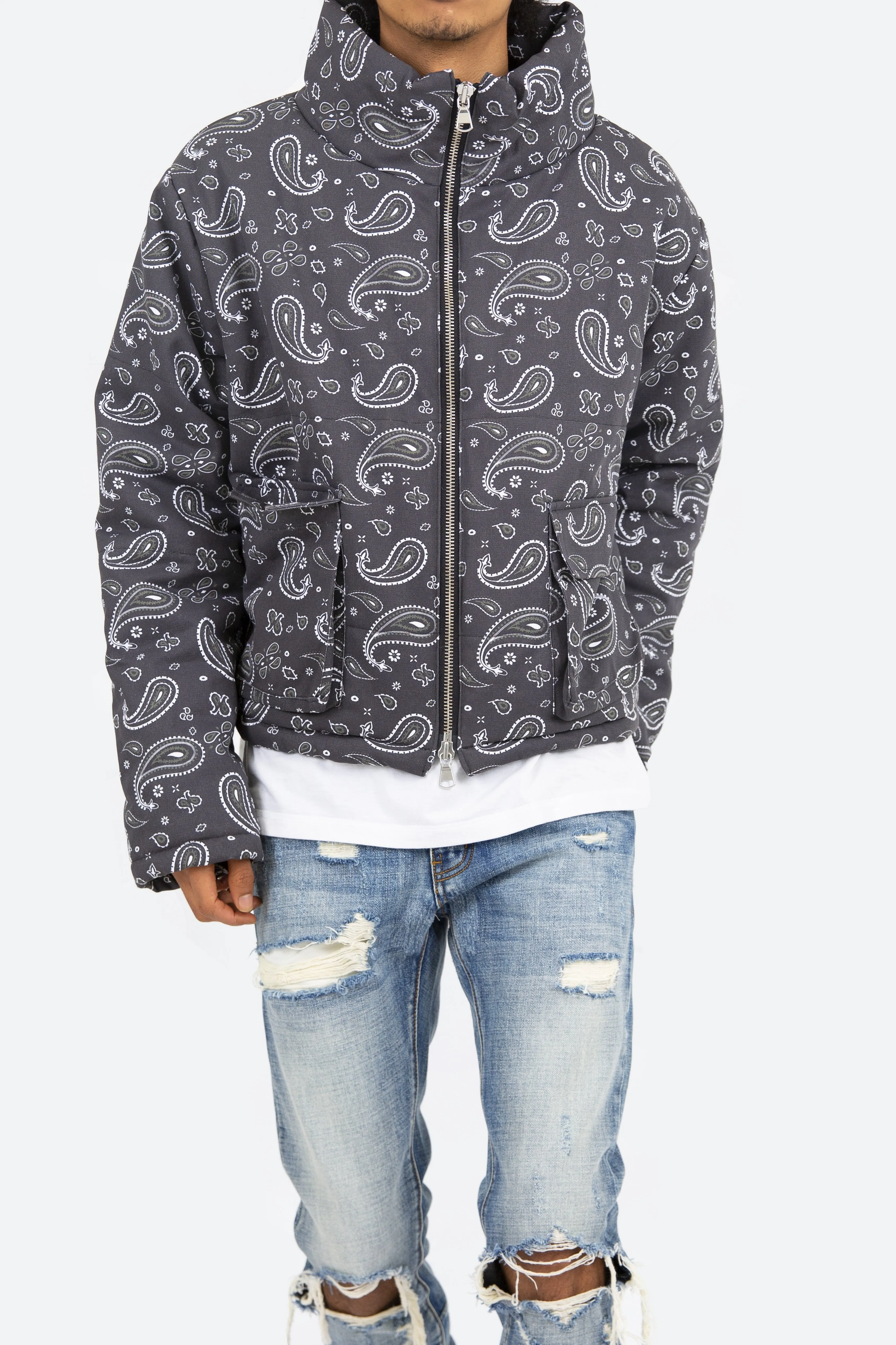 Paisley Cropped Puffer - Black