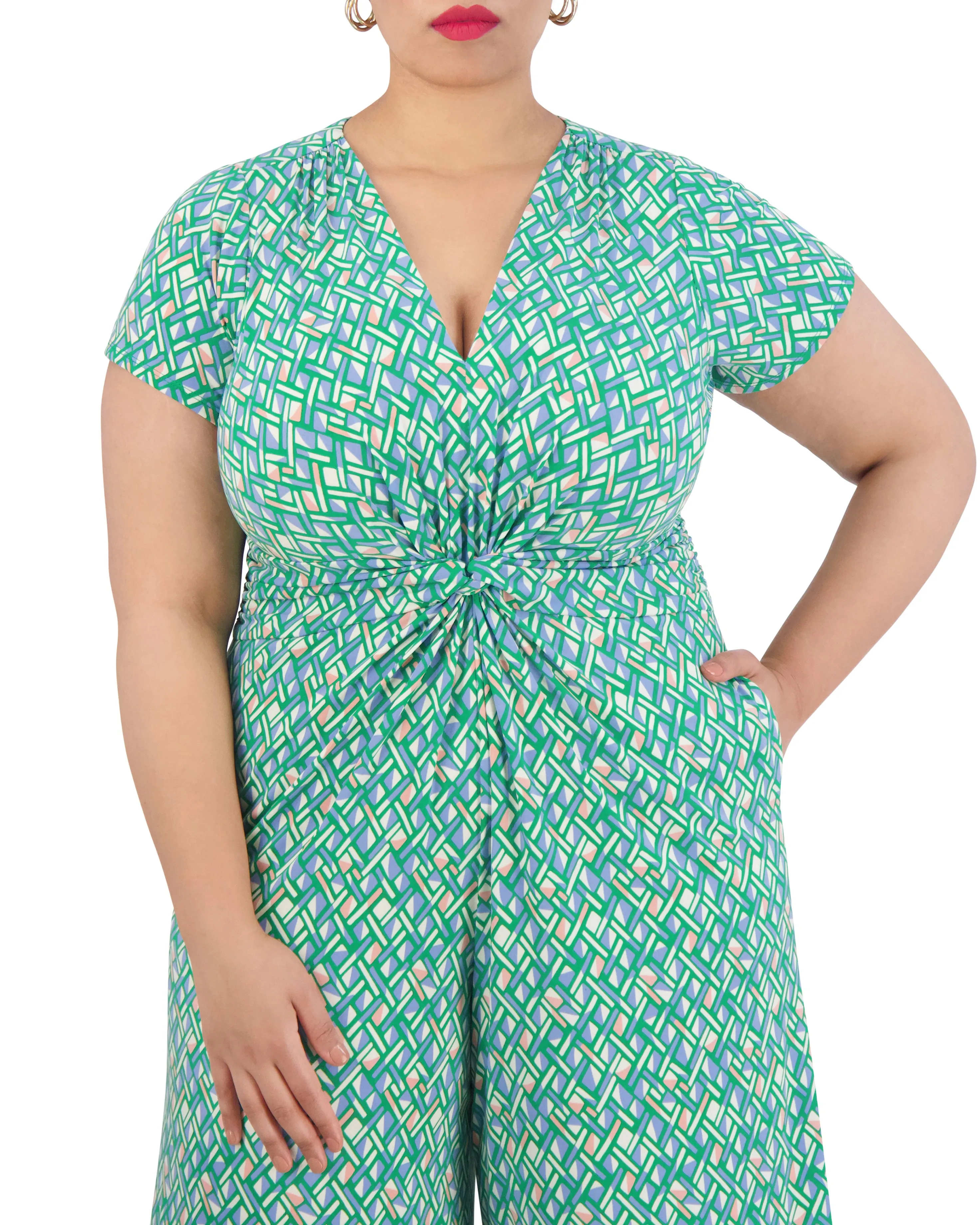 Plus-Size Printed Twist-Front Flared-Leg Jumpsuit