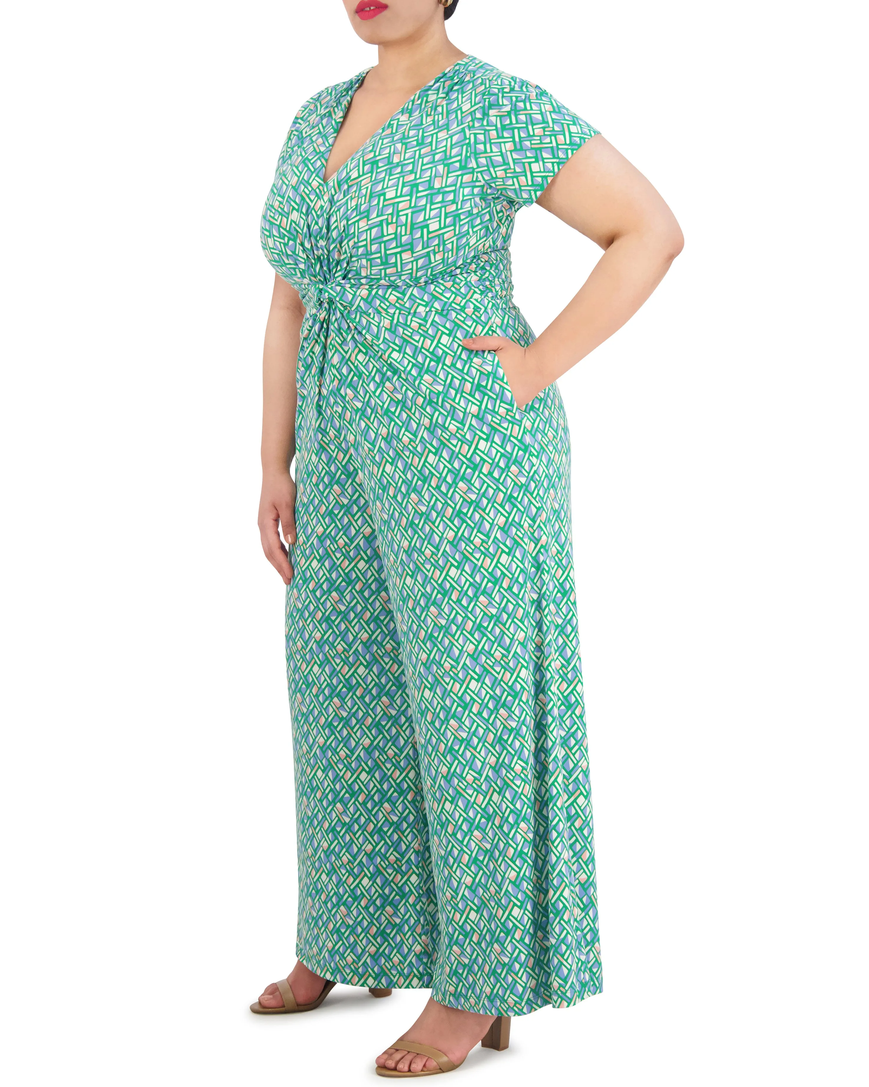 Plus-Size Printed Twist-Front Flared-Leg Jumpsuit