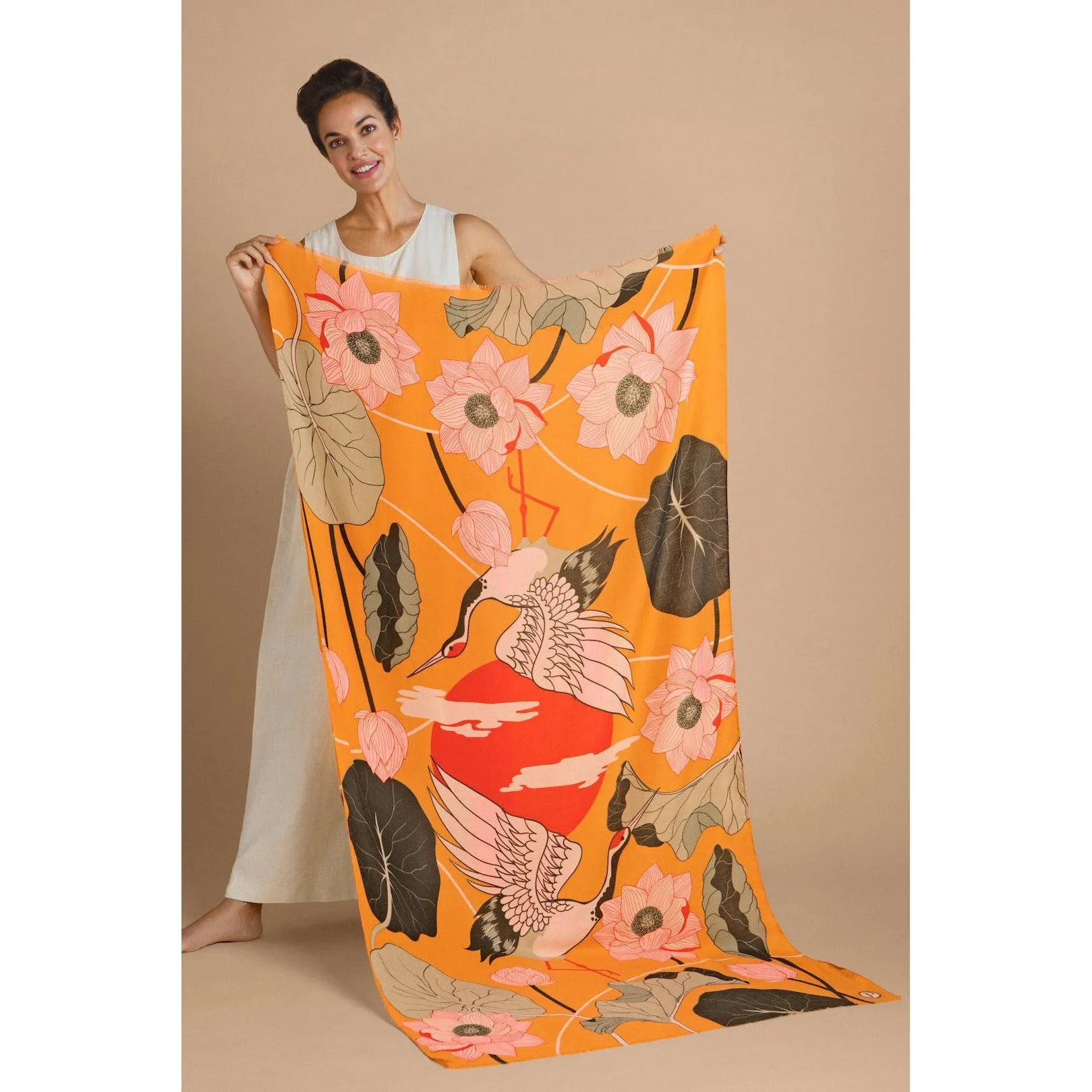 Powder Crane at Sunrise Print Scarf - Mustard