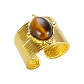 Pre Order:  Retro Gold-Plated Tiger Eye Marble C-Shaped Open Ring