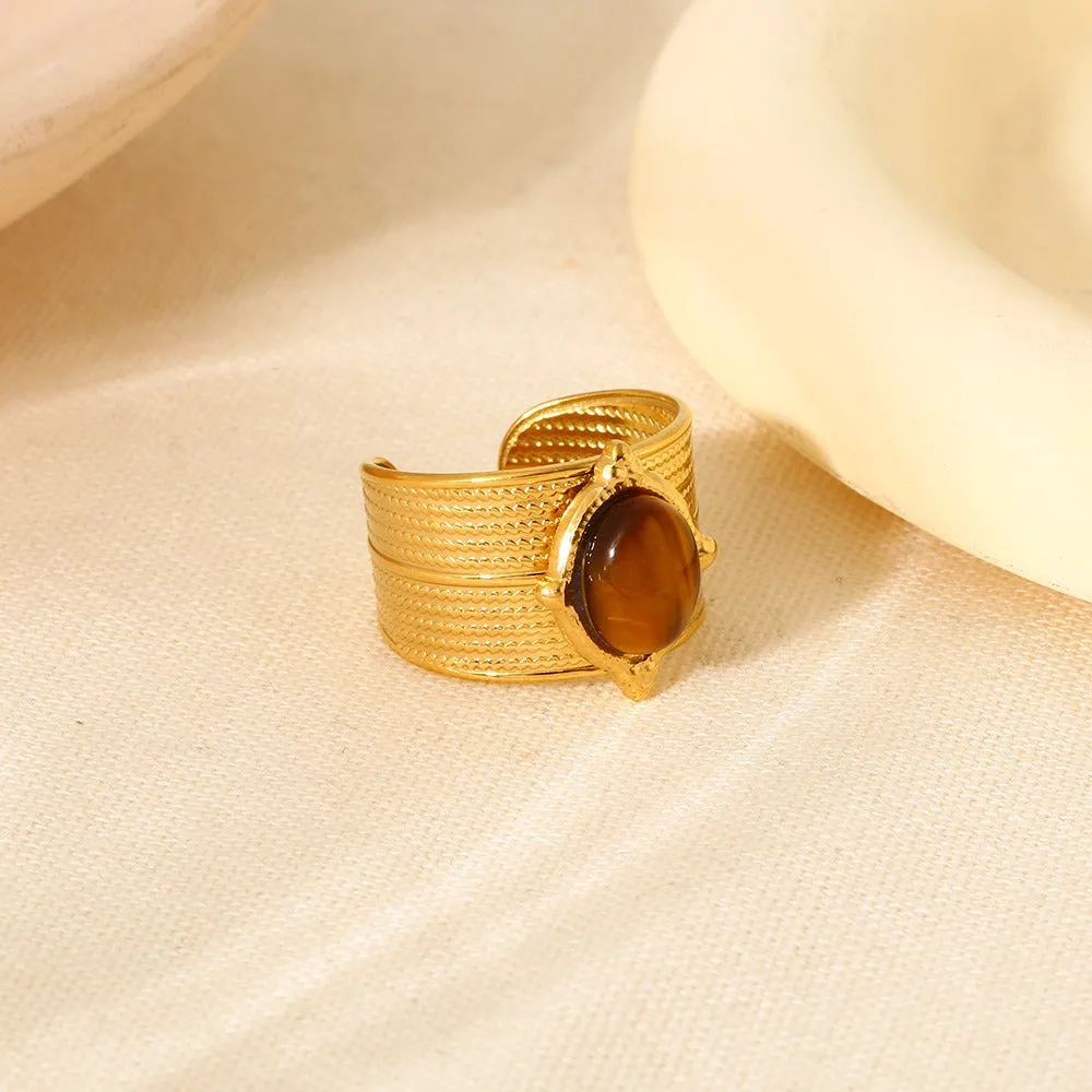 Pre Order:  Retro Gold-Plated Tiger Eye Marble C-Shaped Open Ring