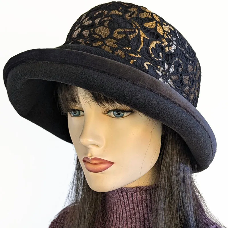 Premium Winter Fashion Hat with velvet trim, black with gold lace band trim