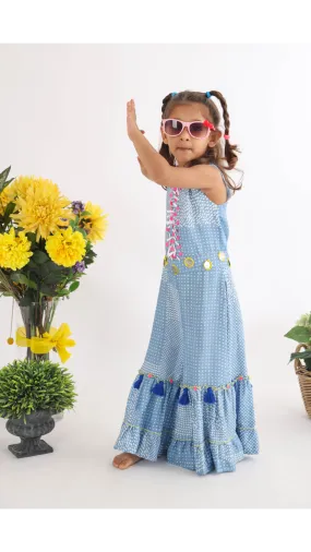 Printed Silk Layered Blue Jumpsuit with Sequence Embroidered Yolk for Girls