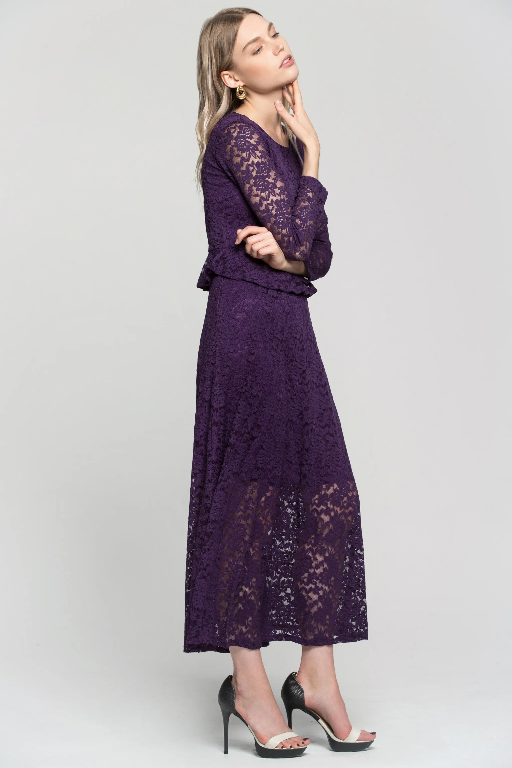 Purple Floral Lace Peplum Maxi Dress