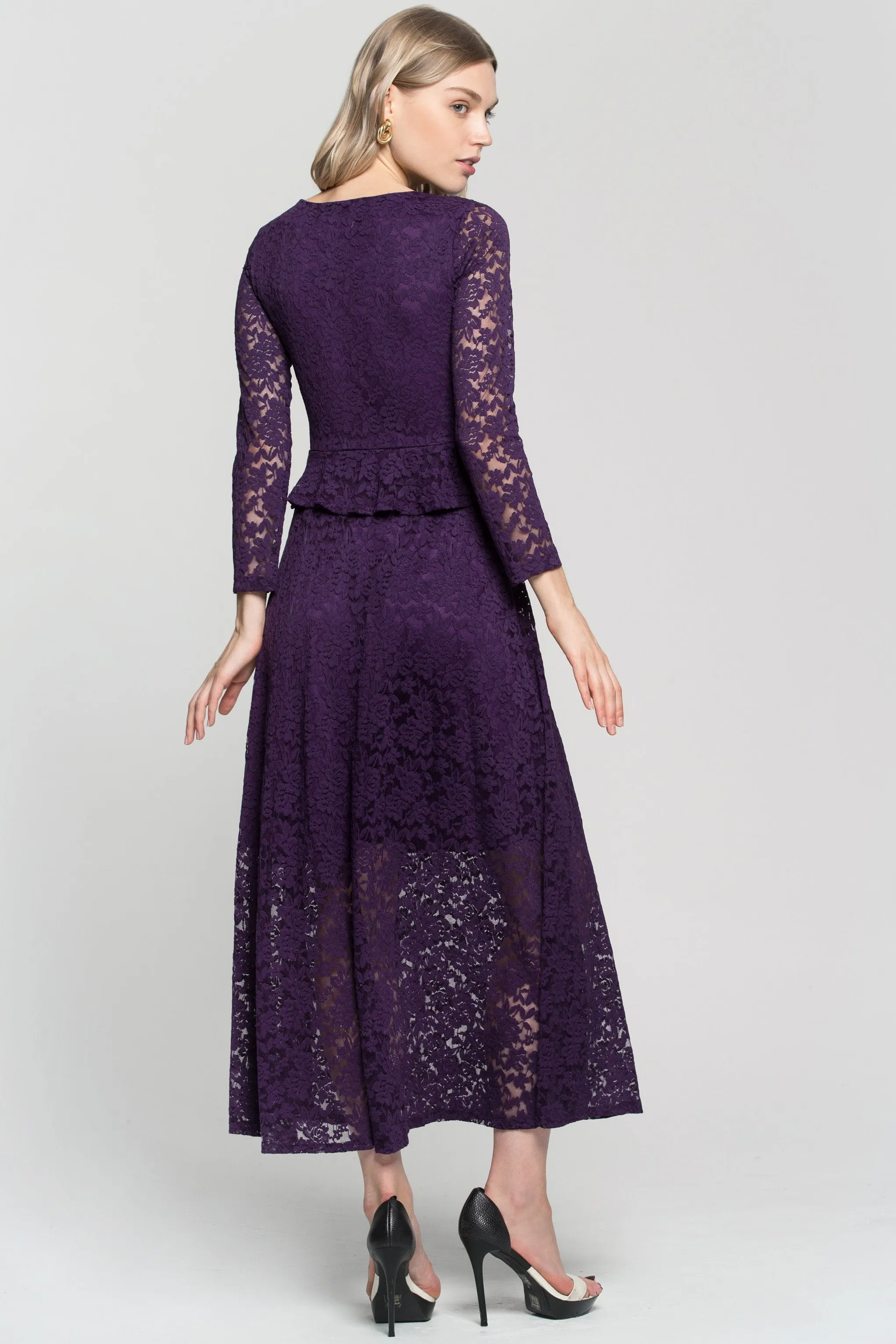 Purple Floral Lace Peplum Maxi Dress