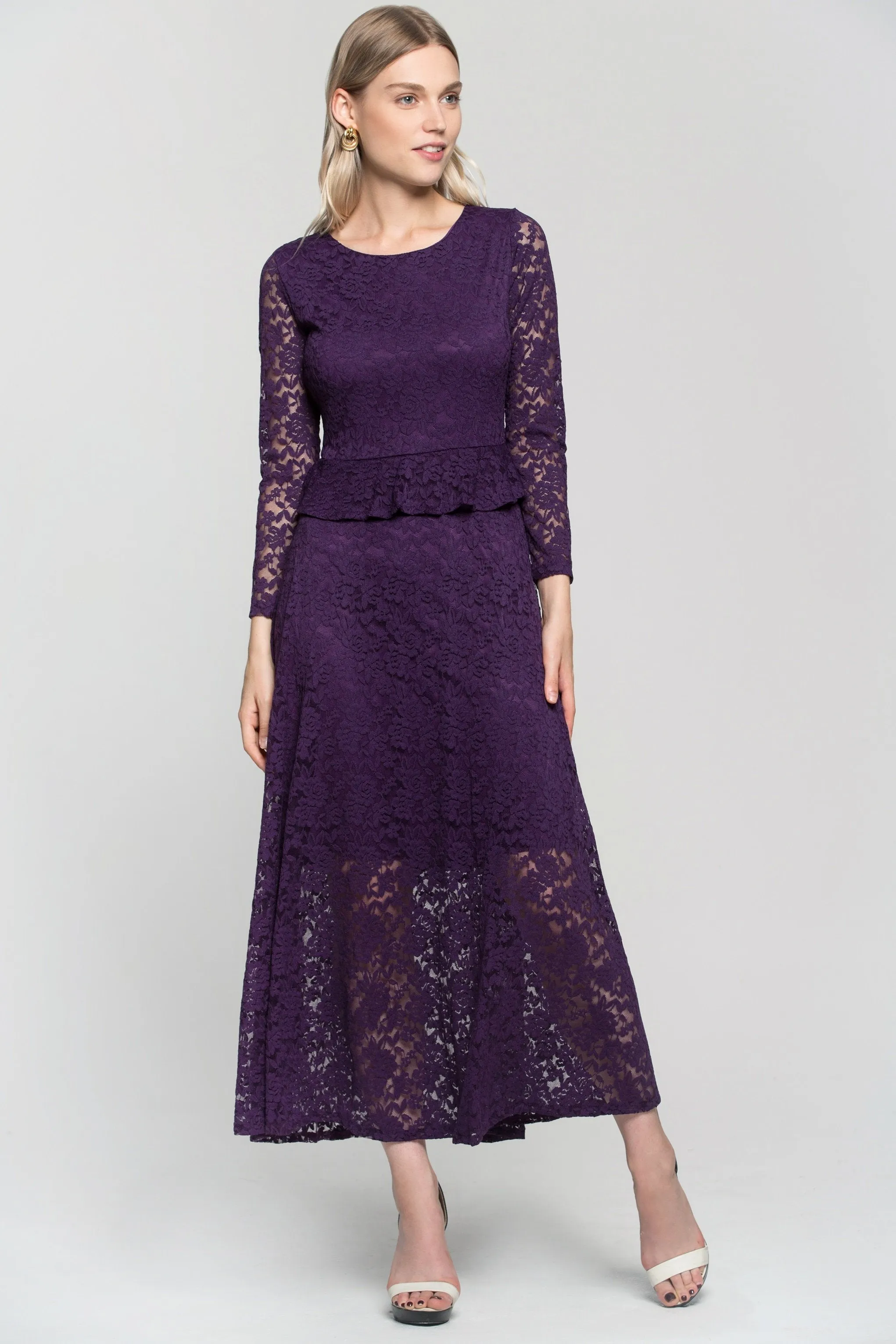 Purple Floral Lace Peplum Maxi Dress