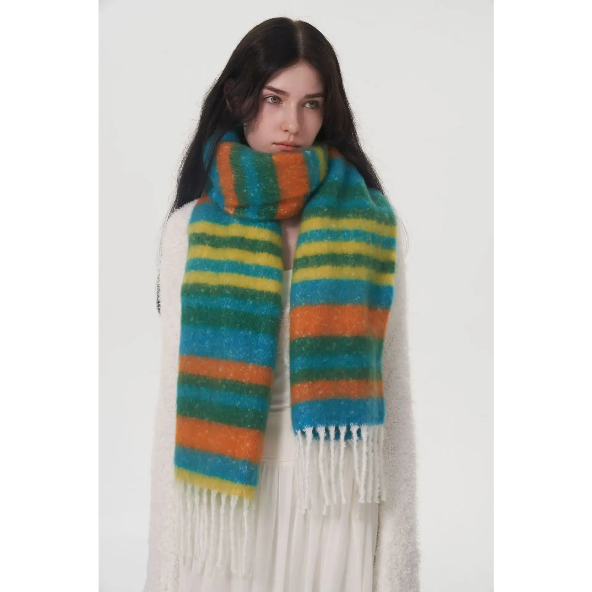 Rainbow Striped Thick Muffler Scarf for Autumn/Winter Warmth