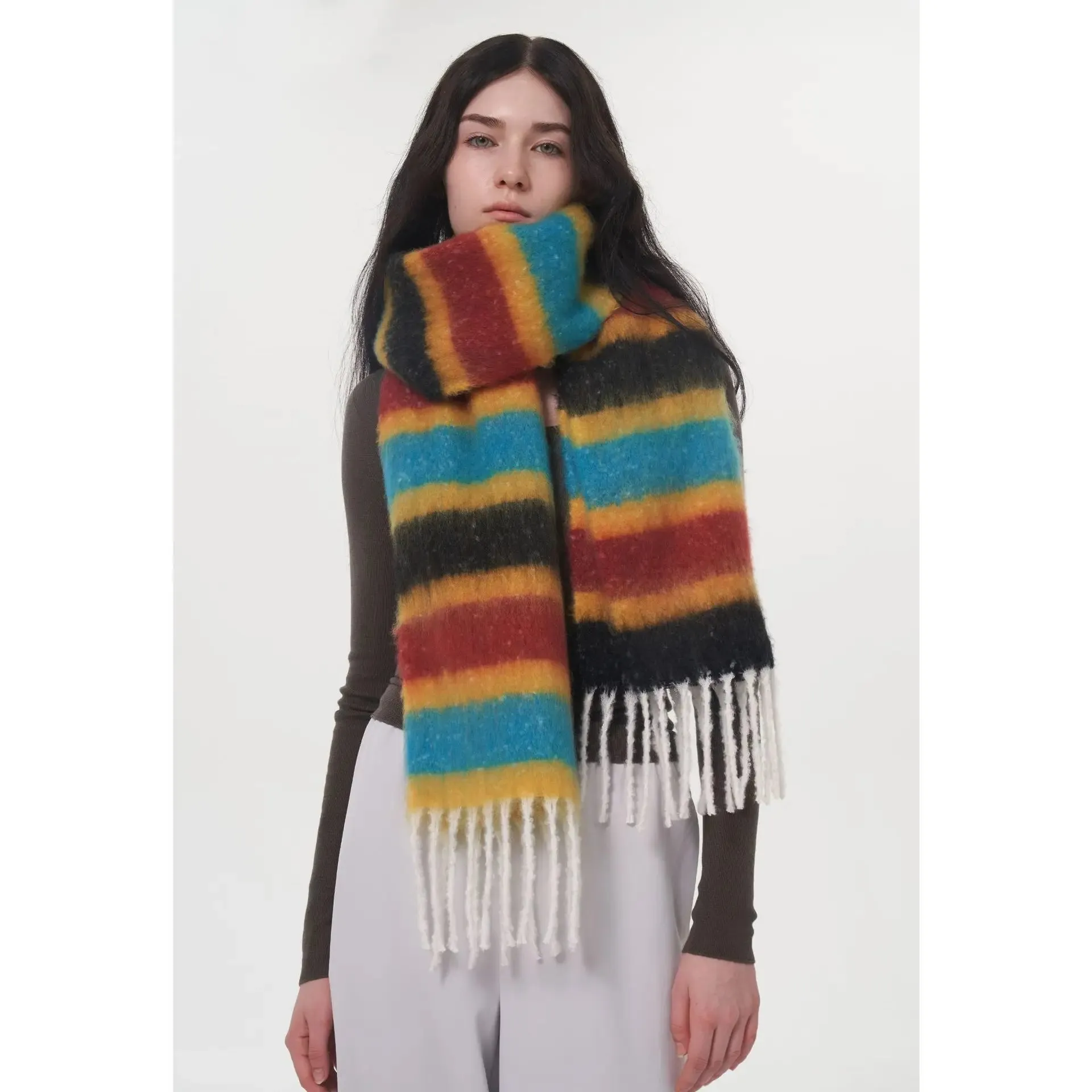 Rainbow Striped Thick Muffler Scarf for Autumn/Winter Warmth