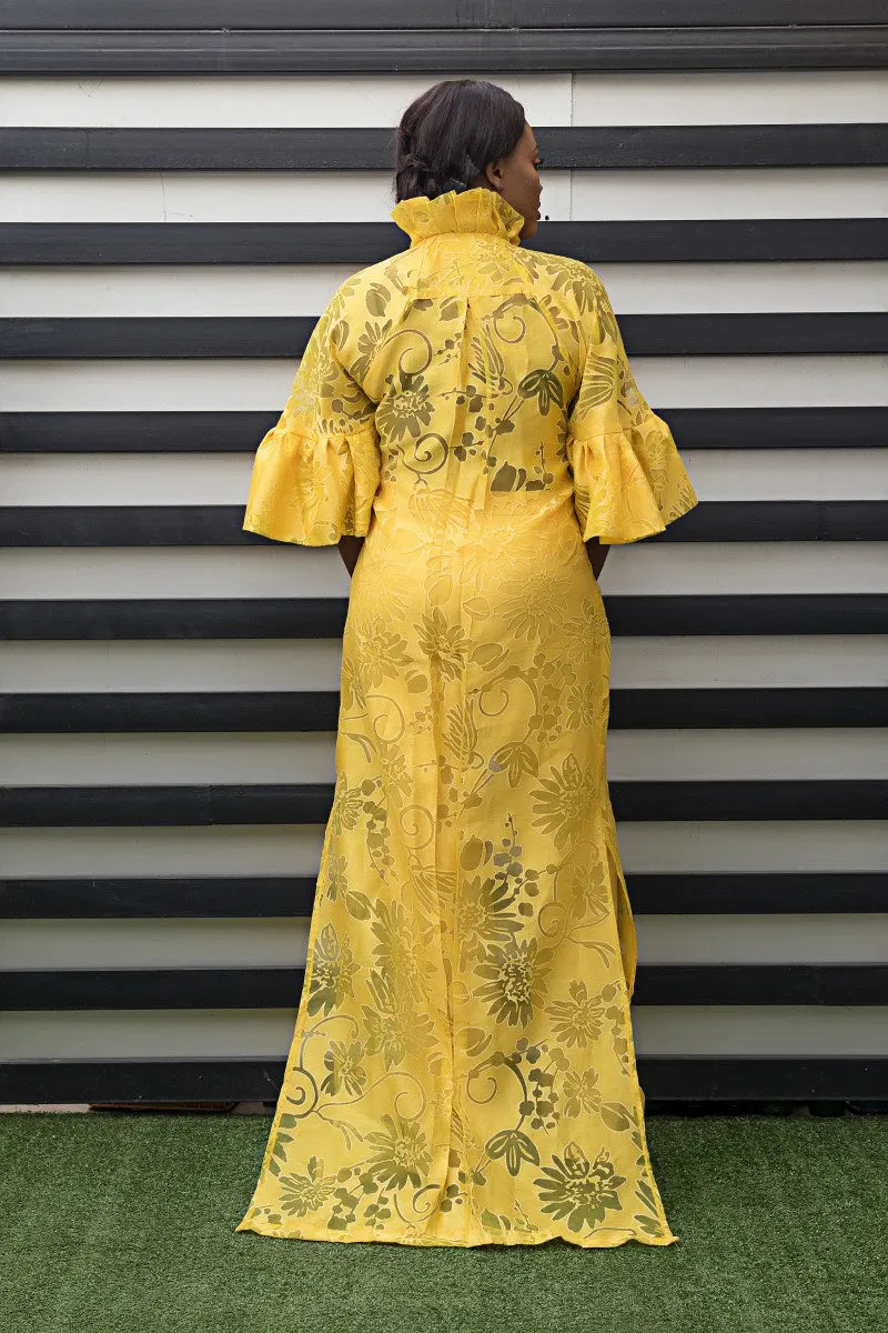 Ramonda Mustard Yellow Maxi Button Down Shirt Dress  Floral Printed  Party Dress