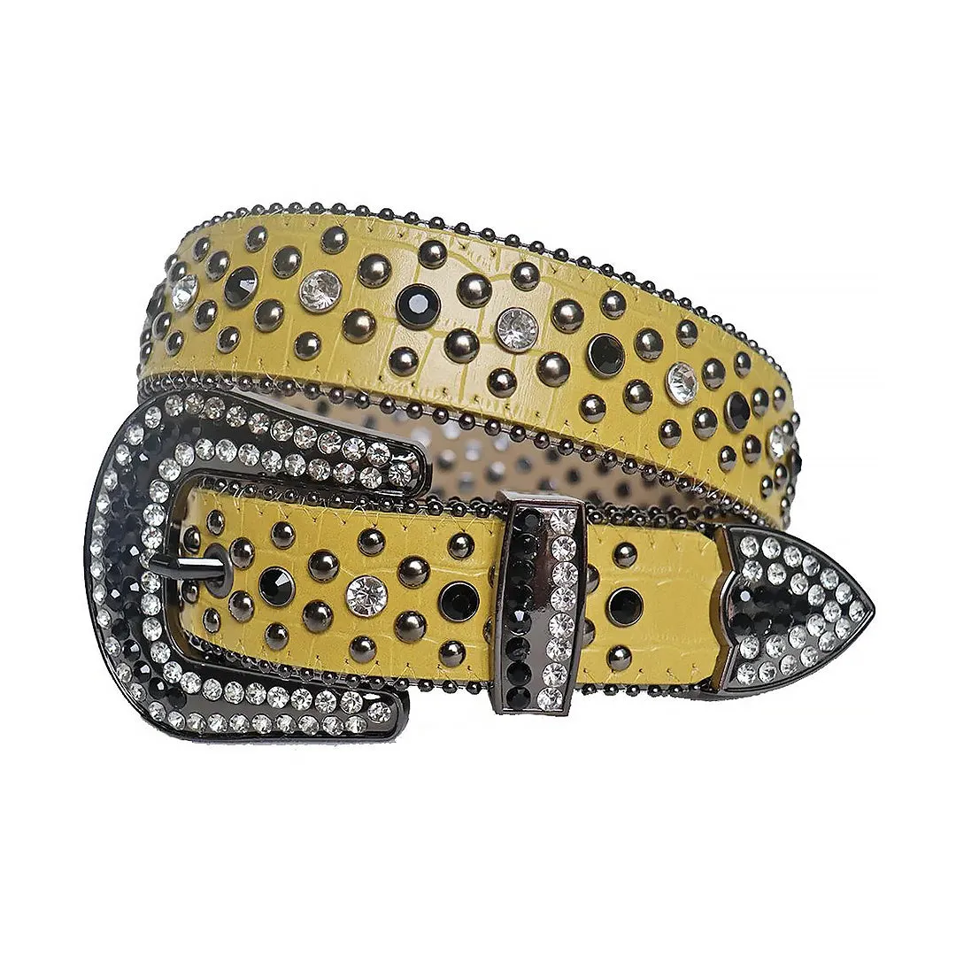 Rhinestone Diamond And Black Studs Belt With Yellow strap