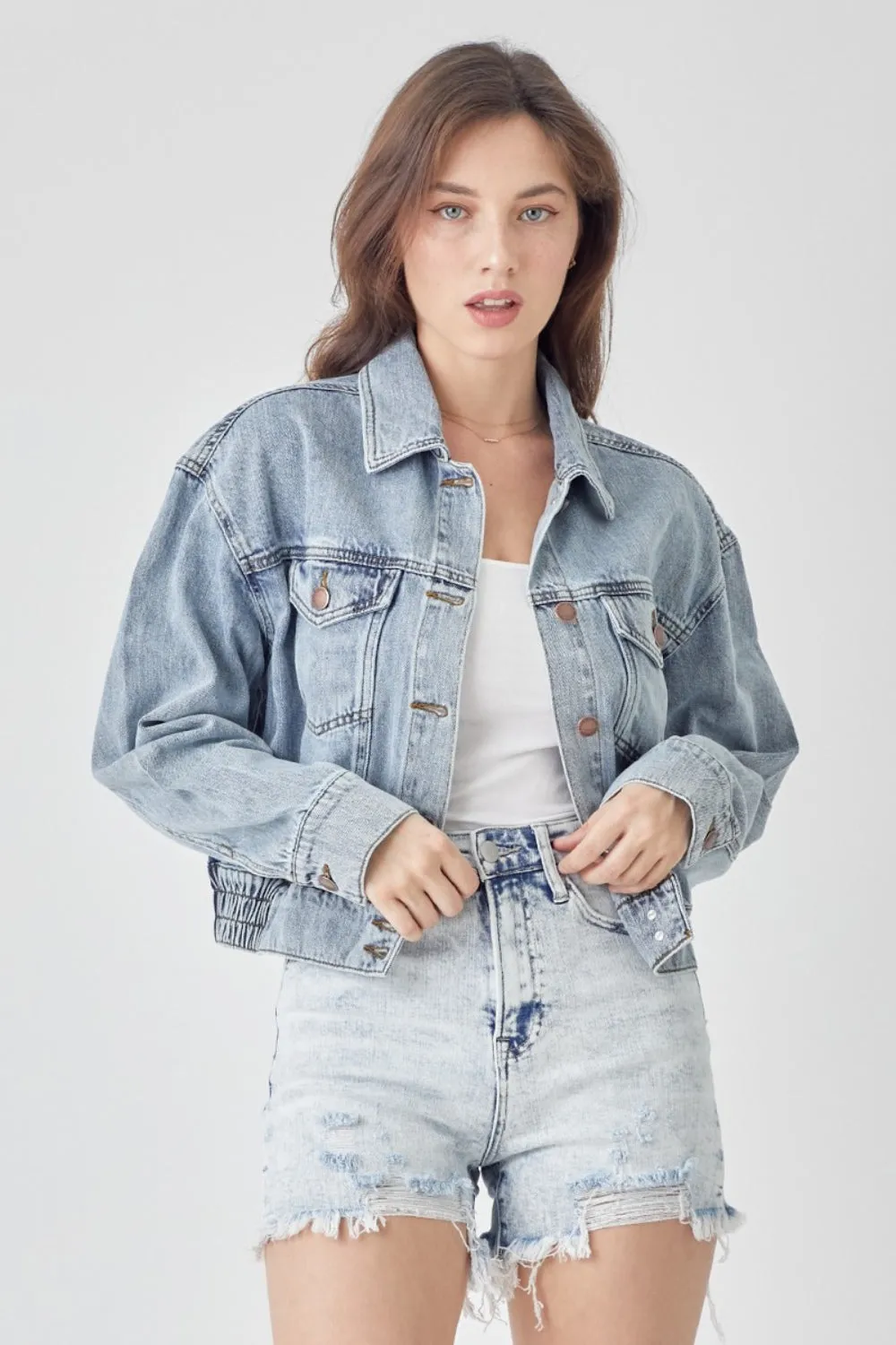 RISEN Button Down Cropped Denim Jacket