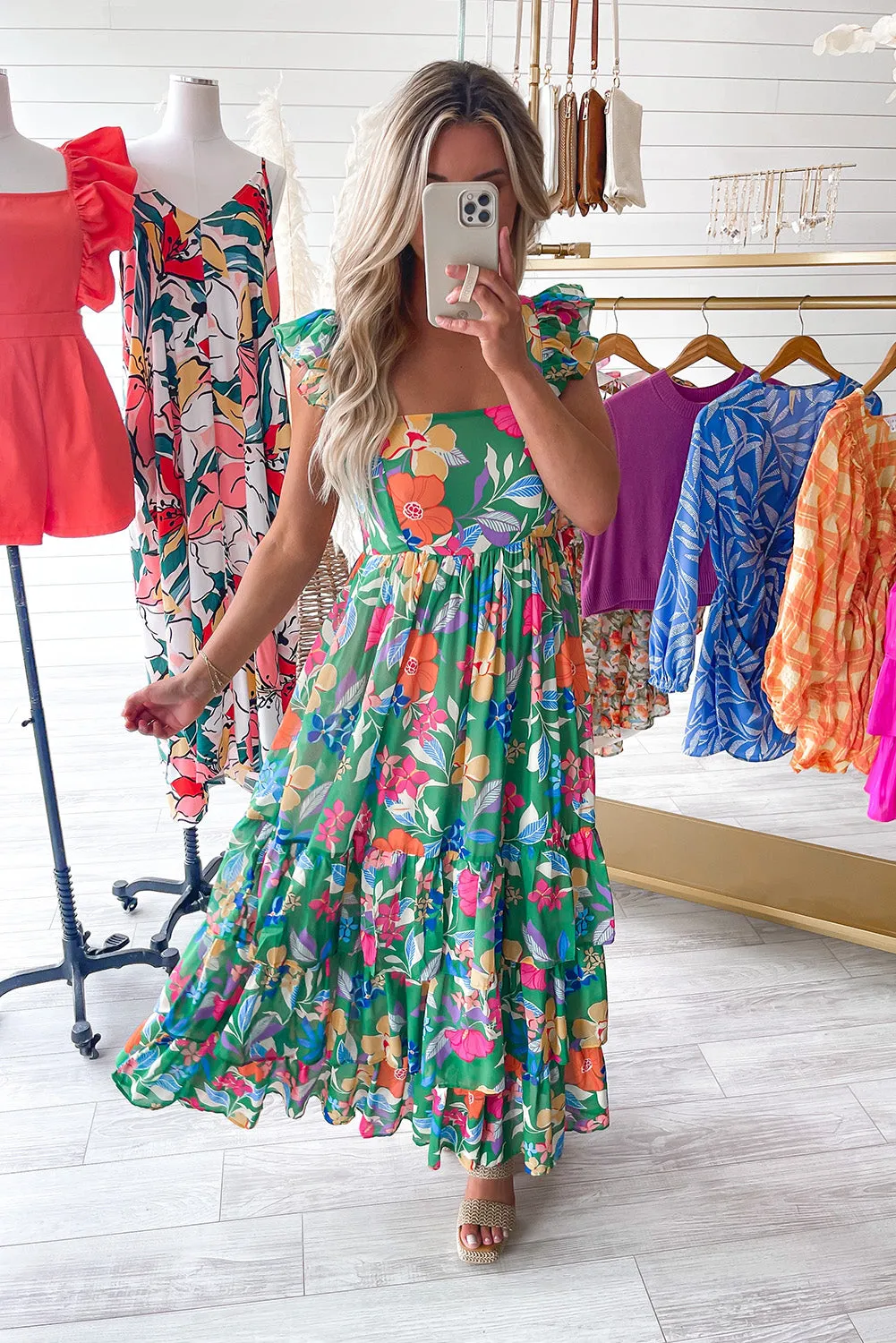 Ruffled Green Floral Tiered Maxi Dress