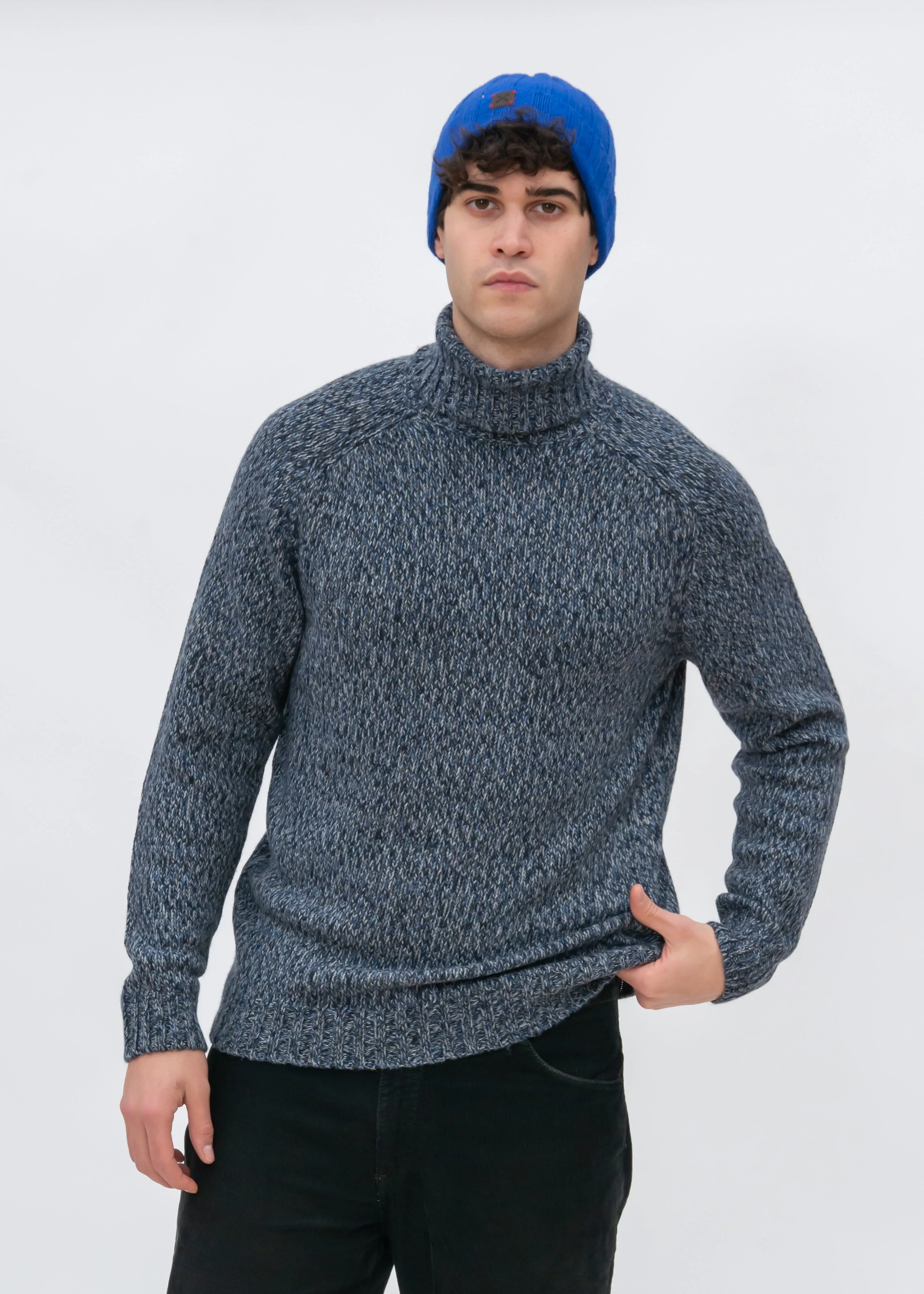 SADDLE SLEEVE MOULINE TURTLENECK SWEATER