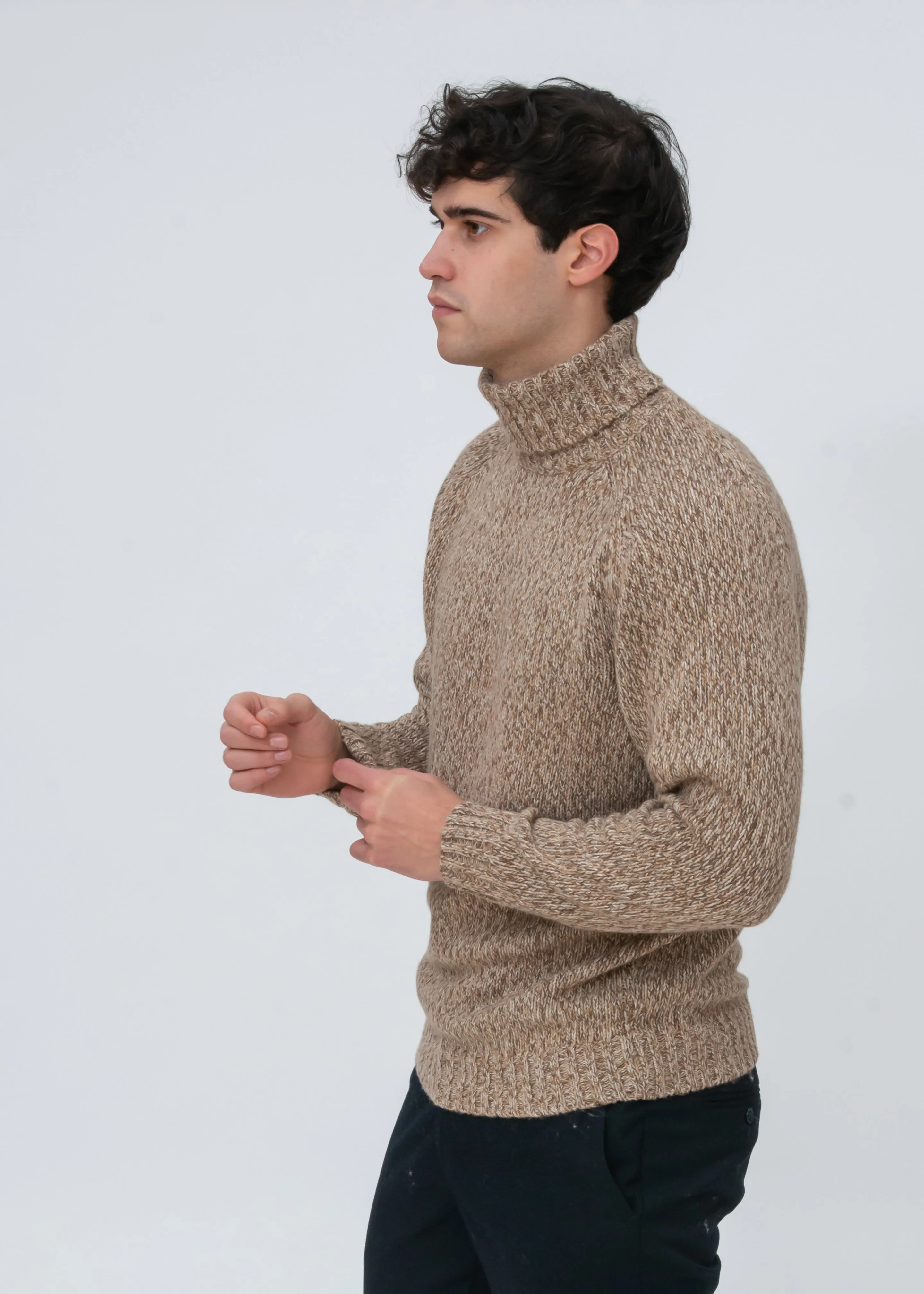 SADDLE SLEEVE MOULINE TURTLENECK SWEATER