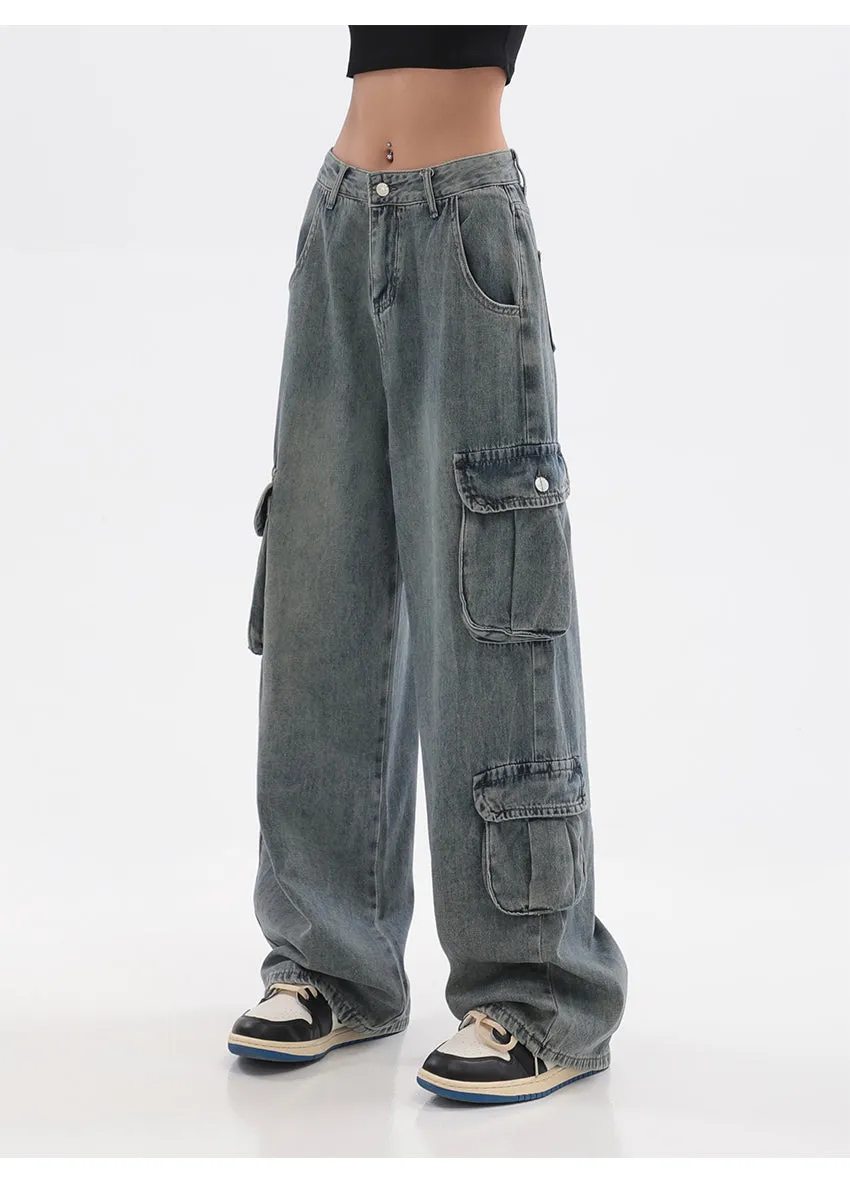 Savanna Denim Blue Multi-Pocket High Waist Cargo Jeans Pants