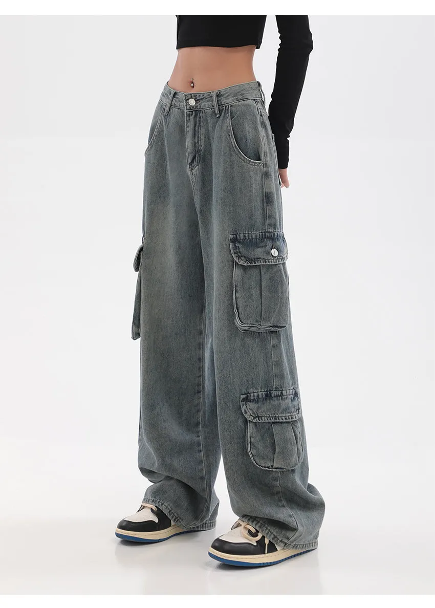 Savanna Denim Blue Multi-Pocket High Waist Cargo Jeans Pants