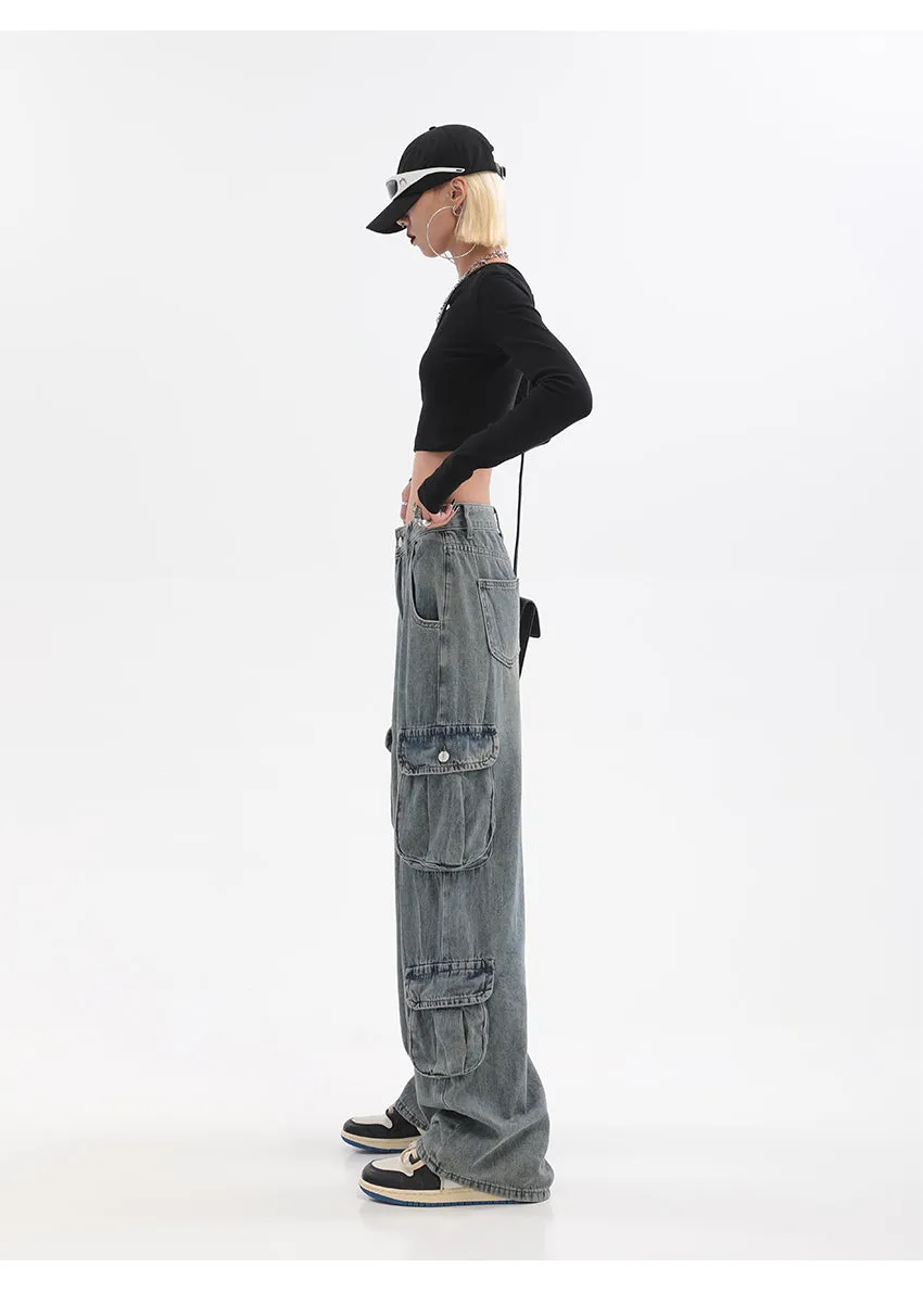 Savanna Denim Blue Multi-Pocket High Waist Cargo Jeans Pants