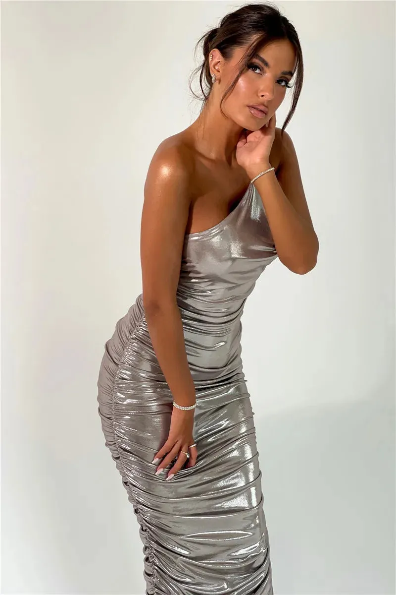 Sequin One Shoulder Charming Ruched Bodycon Maxi Dress