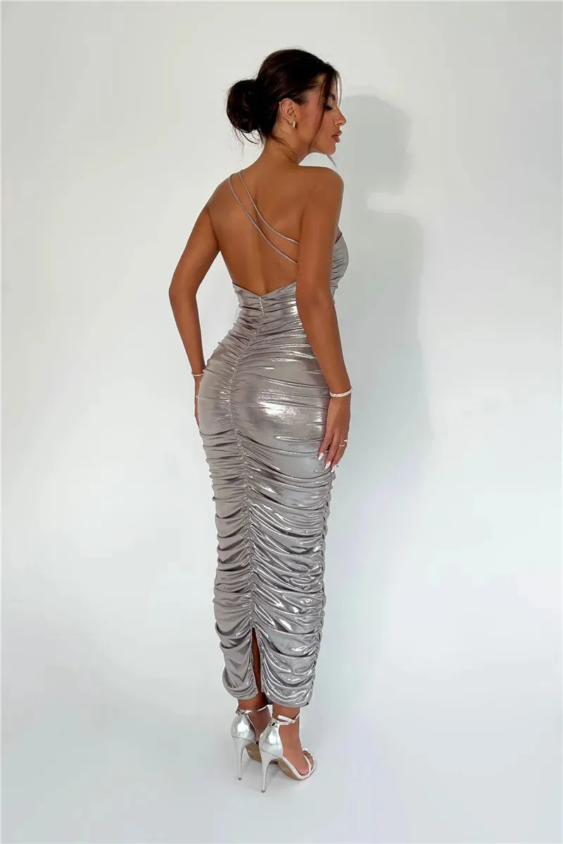 Sequin One Shoulder Charming Ruched Bodycon Maxi Dress