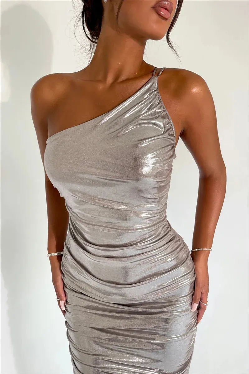 Sequin One Shoulder Charming Ruched Bodycon Maxi Dress