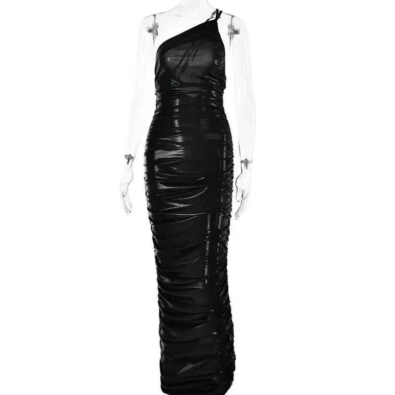 Sequin One Shoulder Charming Ruched Bodycon Maxi Dress