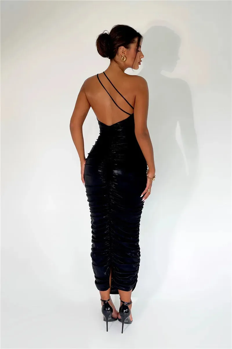 Sequin One Shoulder Charming Ruched Bodycon Maxi Dress