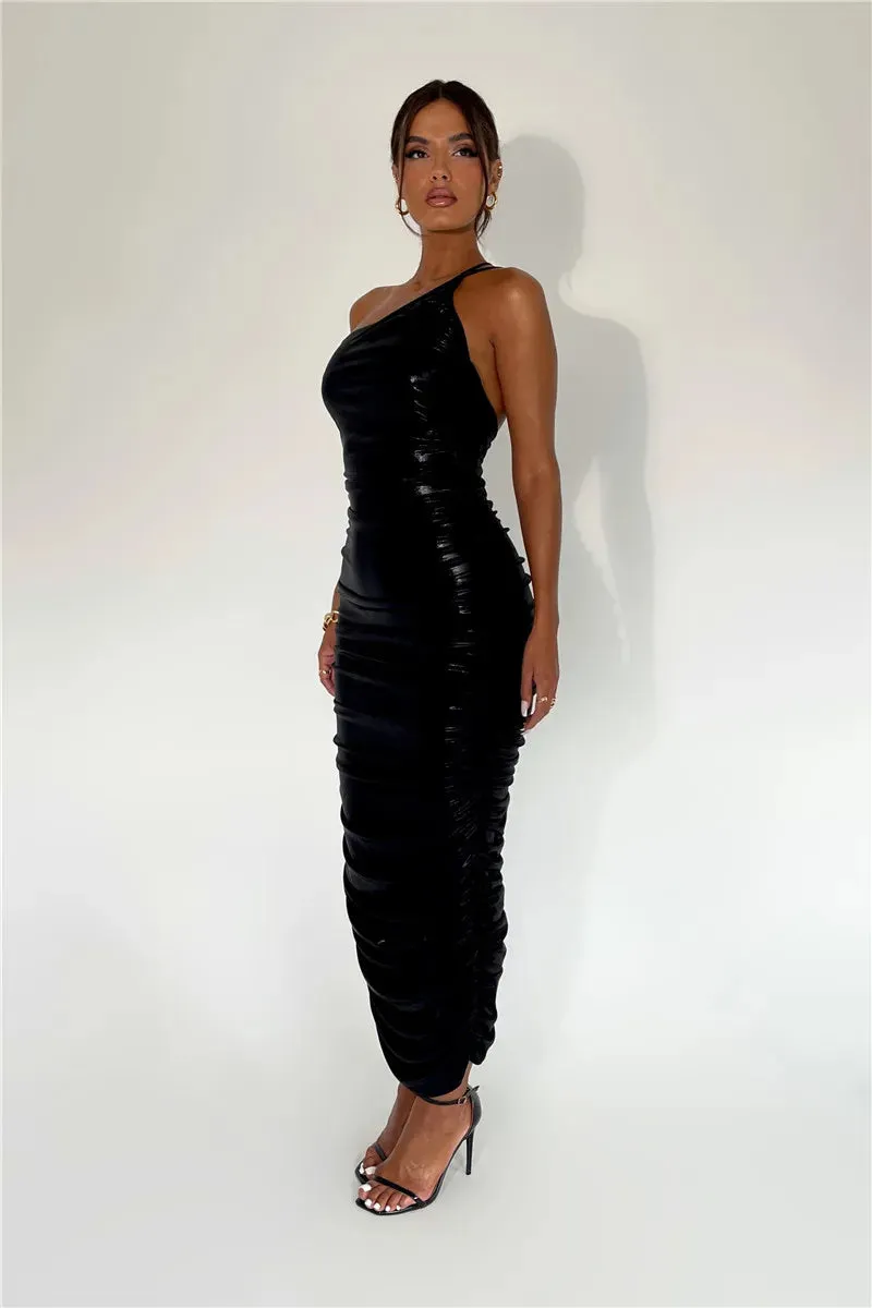 Sequin One Shoulder Charming Ruched Bodycon Maxi Dress