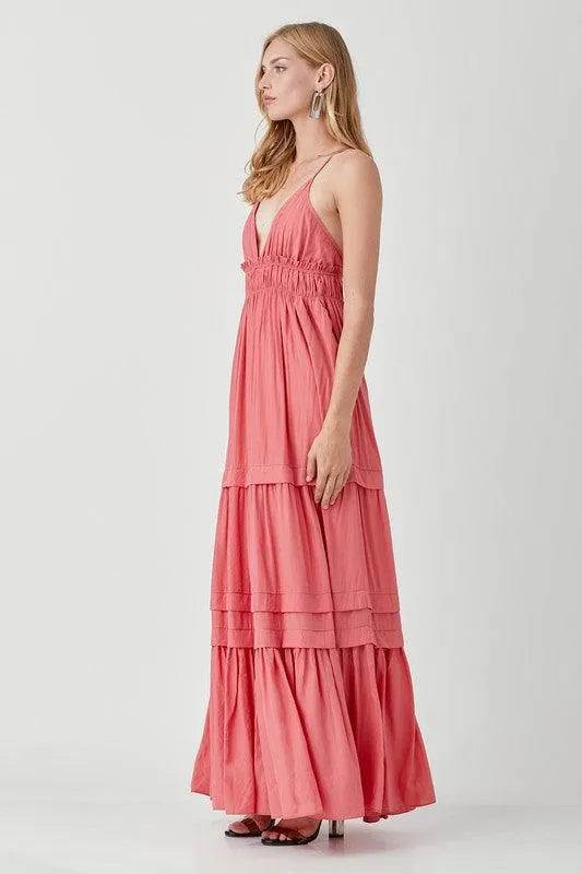 Shirred Ruffle Folded Detail Maxi Dress