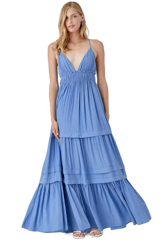 Shirred Ruffle Folded Detail Maxi Dress