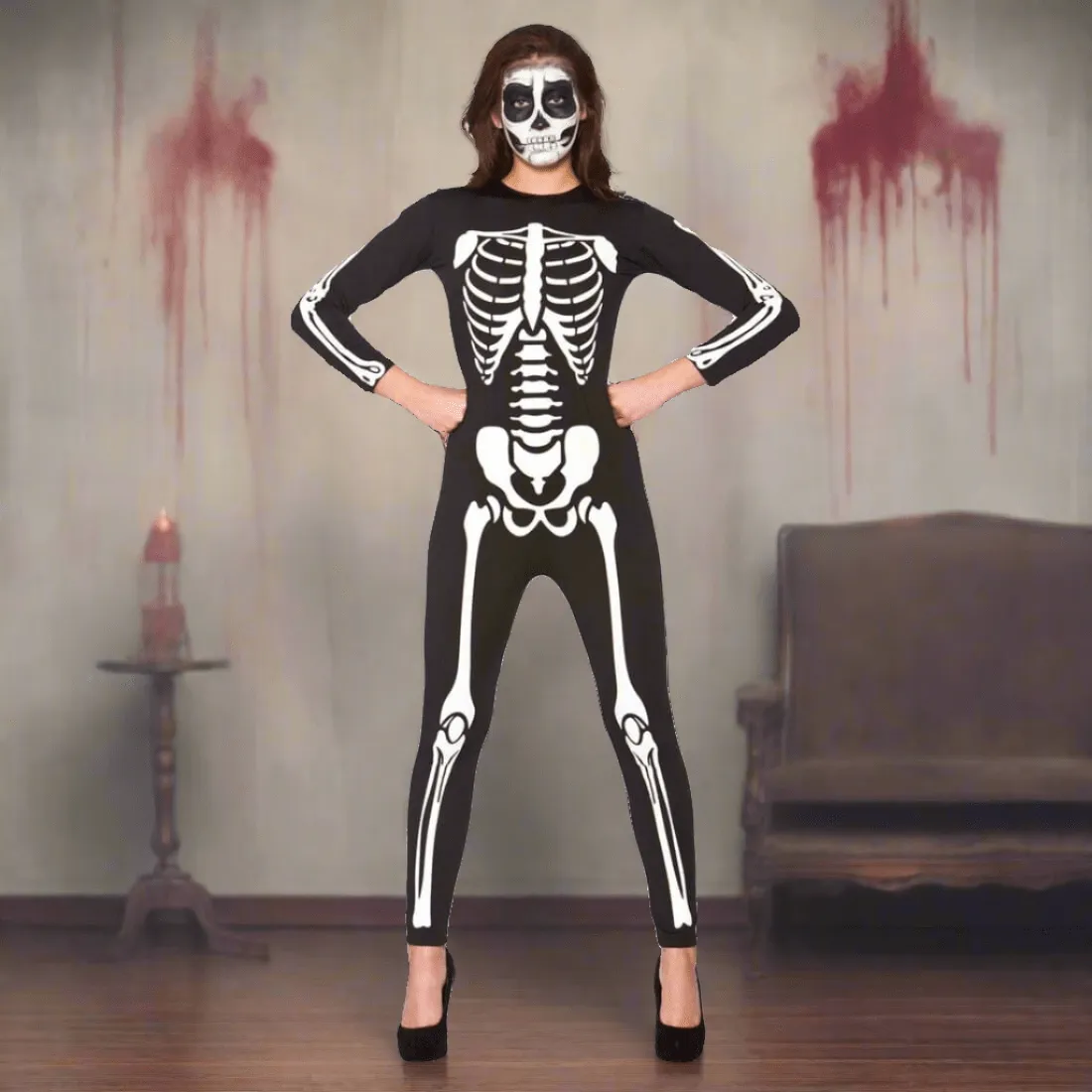 Skeleton Jumpsuit Adults Unisex Fancy Dress Halloween Fun Costume