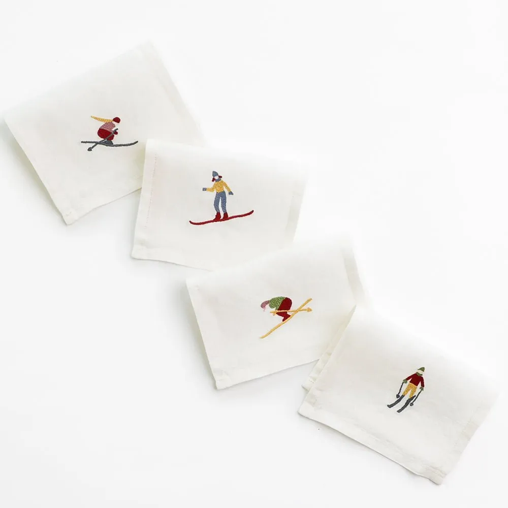 Skiers Embroidered Linen Cocktail Napkin | Set of 4