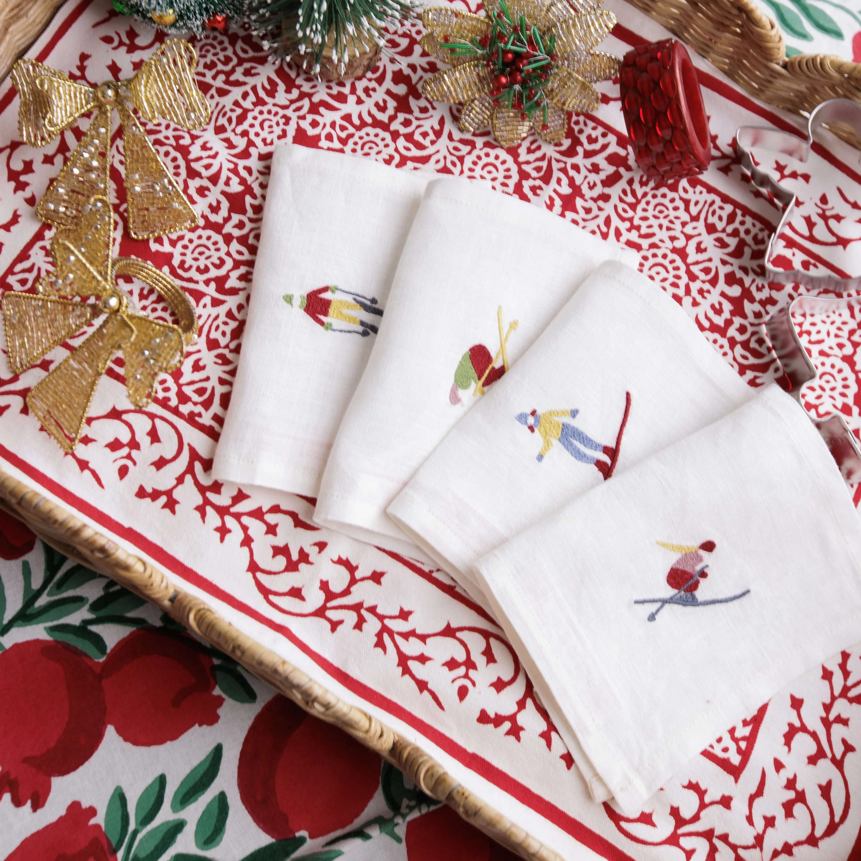 Skiers Embroidered Linen Cocktail Napkin | Set of 4