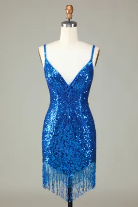 Sparkly Blue Bodycon Lace-Up Back Beaded Short Homecoming Dress with Tassel