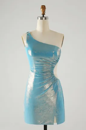 Sparkly Blue Tight One Shoulder Hollow Out Pleated Metallic Homecoming Dress With Slit