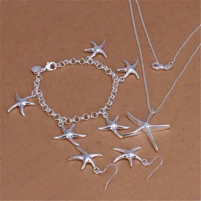 Sterling Silver Starfish Pendant Bracelet Necklace Earrings Set