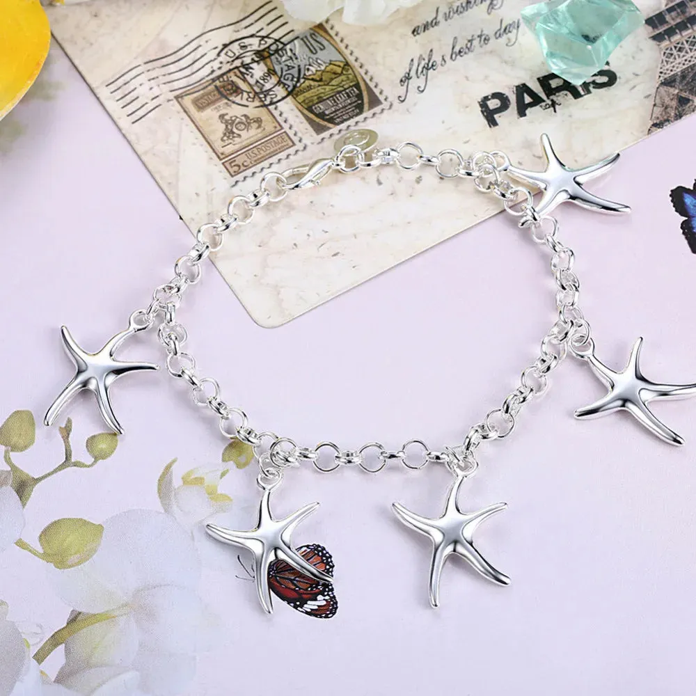 Sterling Silver Starfish Pendant Bracelet Necklace Earrings Set