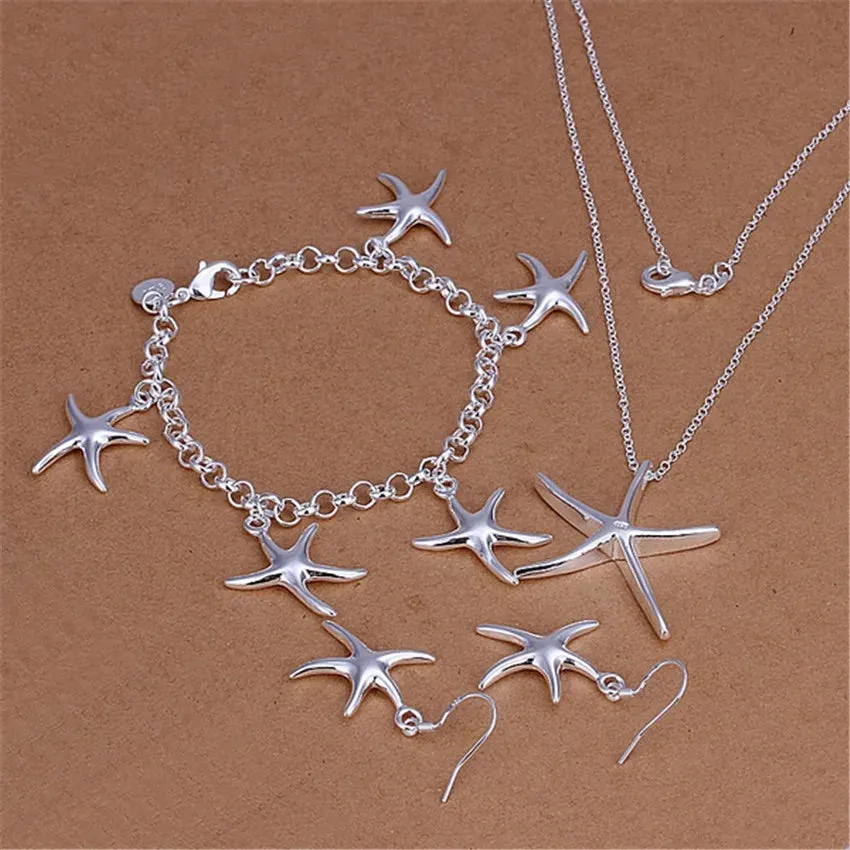 Sterling Silver Starfish Pendant Bracelet Necklace Earrings Set